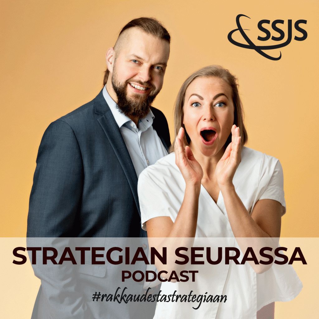 Strategianseurassa podcast kuvituskuva. Kuvassa Anmari Brink Pacius ja Petri Toikkanen